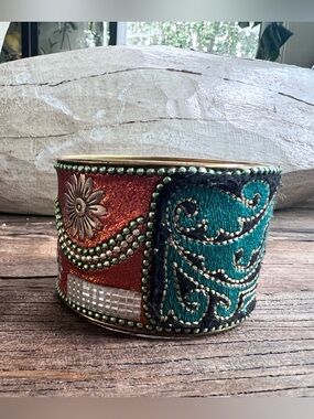 Embellished Teal and Copper or brass (?) cuff bangle bracelet beads & fabrics